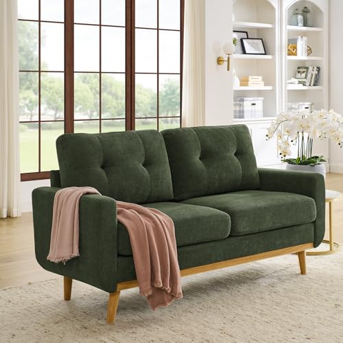 67" Green Loveseat Sofa, Mid Century Modern Love Seat Sofas and Comfy Couches for Living Room, Button Tufted Small Cloud Couch for Bedroom Office Apartment Small Space, Easy Assembly (Dark Green) - color: Dark Green