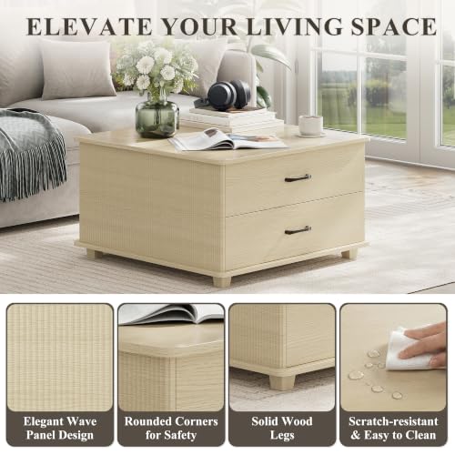 MALOL Square Storage Coffee Table with 2 Drawers, Hidden Storage Beneath Flip-Top Lid, Modern Fluted Wood Coffee Table with Solid Wood Legs for Living Room, Light Wood - color: Light Wood