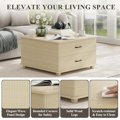 MALOL Square Storage Coffee Table with 2 Drawers, Hidden Storage Beneath Flip-Top Lid, Modern Fluted Wood Coffee Table with Solid Wood Legs for Living Room, Light Wood - color: Light Wood