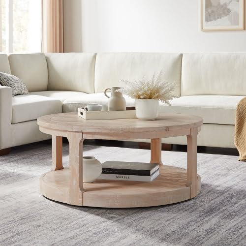 40" Round Wood Coffee Table, 2 Tier Modern Center Table with Roller Wheels,Solid Wood+MDF, Easy Assembly, Accent Table for Living Room, Apartment, Small Space.(Oak) - color: Oak