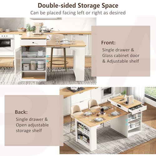 59.5" Kitchen Island with Extendable Dining Table, Kitchen Storage Table with Double-Sided Storage & 2 Drawers, Power Outlet, Side Open Shelves, for Dining Room (White3) - color: White3