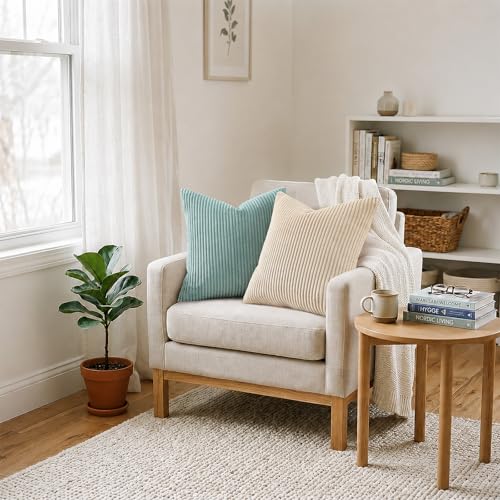 Mecatny 코듀로이 장식용 쿠션 커버 40.6x40.6cm(16x16인치) 아쿠아 2개 | 부드러운 스트라이프 질감, 숨겨진 지퍼 디자인, 소파 소파 거실 침실, 홈 데코용 뉴트럴 보헤미안 스퀘어 베개 커버 - color: 아쿠아, size: 16" x 16" (Pack of 2)