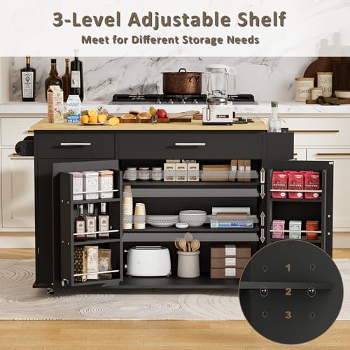 HQZX Rolling Kitchen Island with Trash Can Storage, Portable Kitchen Island Cart on Wheels with Drop Leaf & Power Outlet, Towel Rack & Spice Rack, Large Mobile Island Table for Kitchen, Black