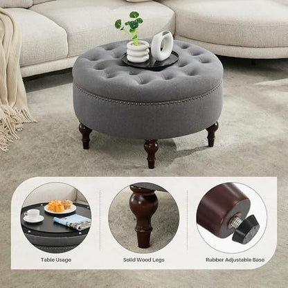 Round Storage Ottoman, Tufted Fabric Coffee Table Footrest, Grey | Upholstered Linen Ottoman Coffee Table, Large Footrest With Solid Wooden Legs, Side Table for Living Room Bedroom Office - color: Dark Grey
