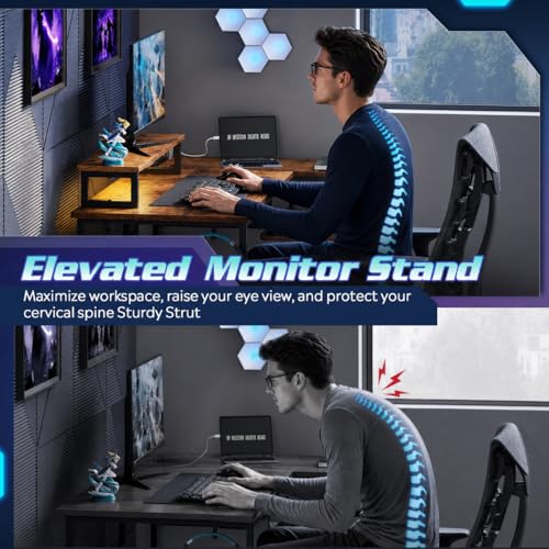 DEVAISE Compact 43 Inch L Shaped Gaming Desk with LED Lights, Rustic Brown | Steel frame and engineered wood desktop with 2 AC outlets, 2 USB ports, and monitor stand for compact gaming setups - size: 43 Inch