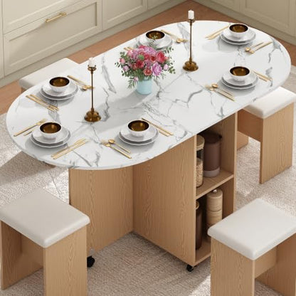 5 PCS Farmhouse Dining Table Set for 4,60" Large Round Folding Dining Table Set w/ 4 Leather Chairs, Drop Leaf Oval Modern Kitchen Table for Small Spaces,6 Wheels,2-Layer Storage Shelf,White Marble - color: White Marble
