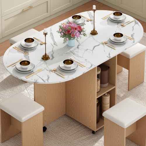 5 PCS Farmhouse Dining Table Set for 4,60" Large Round Folding Dining Table Set w/ 4 Leather Chairs, Drop Leaf Oval Modern Kitchen Table for Small Spaces,6 Wheels,2-Layer Storage Shelf,White Marble - color: White Marble