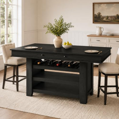 Counter Height Dining Table with Storage, Retro Black | 60" wide top seats 4-6 with deep wine rack, 2 drawers and 3 shelves for family dining, entertaining and apartment kitchens - color: Retro Black