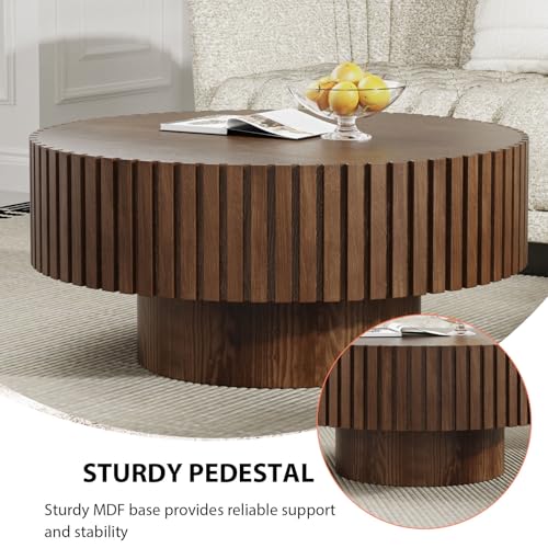 Round Fluted Drum Coffee Table with Pedestal Base | 31.5'' Modern Brown Wooden Drum Center Table, Handcrafted Solid Wood Fluted Edge, For Living Room & Apartment - color: Round Brown
