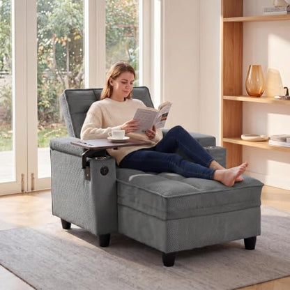 Convertible Sleeper Chair, Pull Out Sofa Bed with Adjustable Backrest & Hidden Storage Armrest, Single Sofa Recliner with USB Charging Port & Cup Holders for Living Room, Bedroom, Dark Gray - color: C-dark Gray-eb