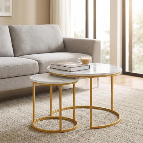Round Nesting Coffee Table Set of 2, Stacking Minimalist End Table | Modern Marble Pattern Wooden Nesting Tables for Living Room Bedroom Small Space, White Top and Gold Leg - color: Glod Leg+white Top