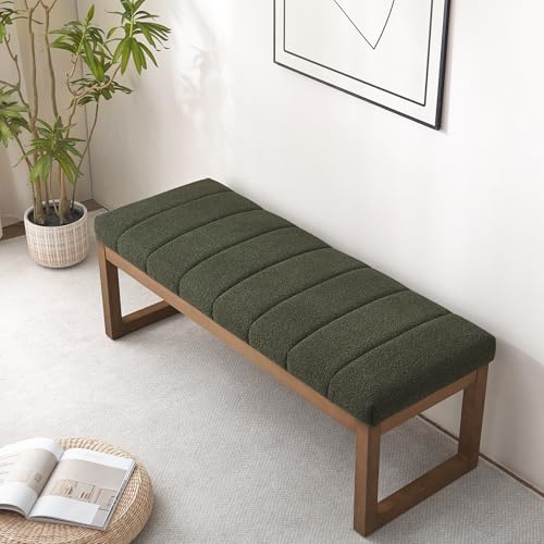 Zihanhome 52.7" Bedroom Bench for End of Bed, Modern Upholstered Teddy Fabric Entryway Bench & Dining Bench, Footrest Stool Bench with Solid Wood Frame for Bedroom, Living Room (Green) - color: Green