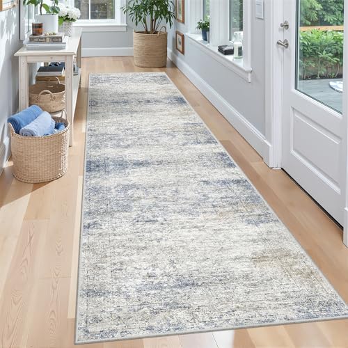 2x8 Runner Rug Non Slip,Washable Hallway Runner Rug,Blue | Neutral Rugs for Kitchen,Entryway,Bedroom,Bathroom,Nursery Room,Thin,Soft Runner Rug,Stain Resistant Indoor Carpet - color: Blue/Brown/Ivory, size: 2' x 8' (Runner)