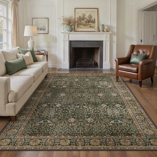 6x9 Washable Area Rug for Living Room, Non Slip, Dark Green Brown | Vintage Floral, Spill Resistant, Lightweight Ultra-Thin Carpet for Bedroom, Dining Room and Office - color: Dark Green Brown, size: 6' x 9' (Rectangular)