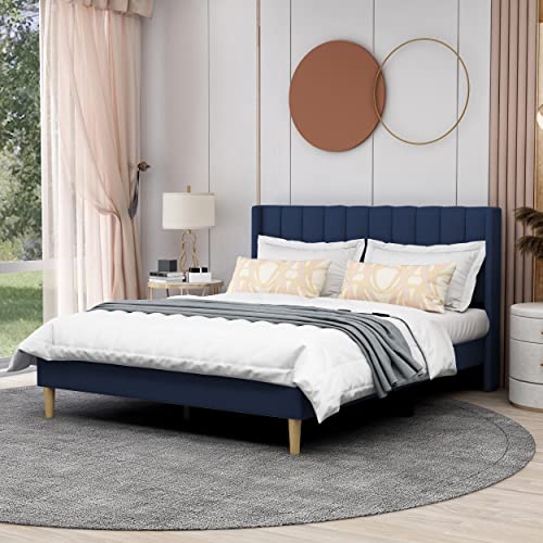 AGARTT Upholstered Platform Bed Frame Queen Size, Blue Velvet | Headboard and Footboard/Wooden Slats Support/No Box Spring Needed/Easy Assembly - color: Blue Velvet, size: Queen