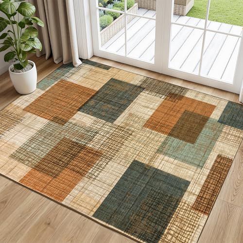 Area Rugs 3x5 Kitchen Rugs Entry Rug for Inside House Orange/Blue | Modern Geometric Entryway Rug, Non Slip Stain & Fade Resistant, Patchwork Area Rug for Entrance Bedroom Farmhouse Decor - color: Orange/Blue Multi, size: 3' x 5' (Rectangular)