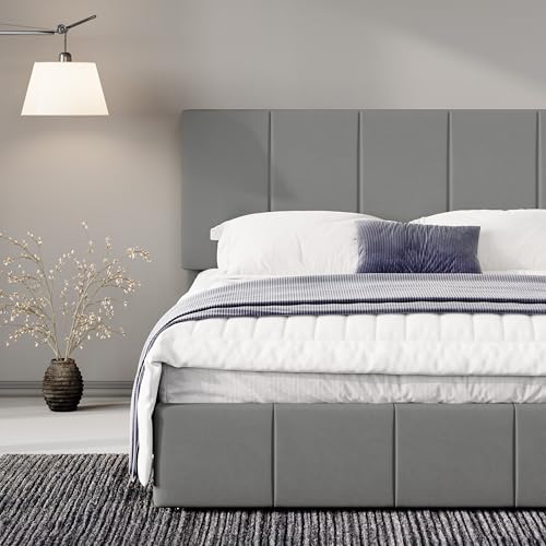 Allewie Queen Size Dutch Velvet Upholstered Platform Bed Frame/Vertical Channel Tufted Adjustable Headboard/Low Profile Bed Frame/No Box Spring Needed/Easy Assembly/Grey - color: Grey, size: Queen