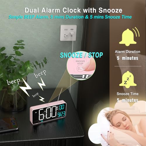 Alarm Clocks for Bedrooms, 6.7in Small Digital Clock, Auto Dimming, Room Temperature, Day of The Week, Date, Seconds, Digital Clocks for Living Room, Alarm Clock - color: Pink (White + Blue Digits)