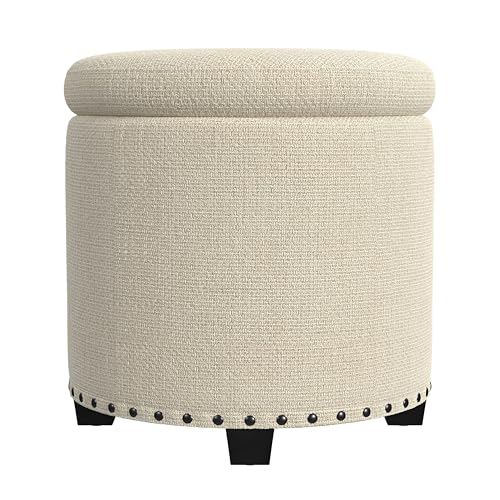HomePop 18.5" Round Storage Ottoman with Nailheads - Cream Woven - color: Cream Woven