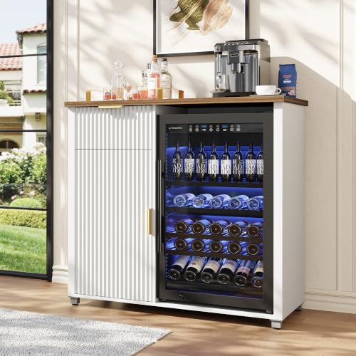 Apicizon Coffee Bar Cabinet with Fridge Space, Modern Fluted Coffee Station with Wine Beverage Storage, Drawer, Glass Holder, Wood Buffet Sideboard Table for Kitchen, Dining Room, 41.33" L, White - color: White