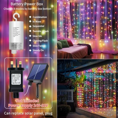 Curtain Lights Battery Operated 10x10Ft 300LED Waterproof Waterfall Light with 8 Modes Remote Dimmable Timer Memory Twinkle Fairy String Lights for Outdoor Indoor Gazebo Wedding Pergola Patio Bedroom - color: Multicolor 300LED