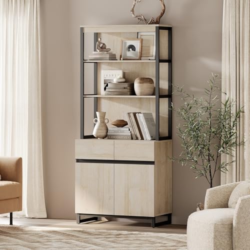 WAMPAT Modern 72" Tall Bookshelf with Metal Base and Adjustable Shelves, Library Bookcase with Storage Cabinet and Open Book Shelfs, Wood Book Shelf for Home Office, Living Room, Beige - color: Beige-a, size: 1 PCS