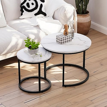 Smuxee White Nesting Coffee Table Set of 2, 23.6" Round Coffee Table Wood Grain Top with Adjustable Non-Slip Feet, Industrial End Table Side Tables for Living Room Bedroom Balcony Yard - color: White-black, size: 23.6"W