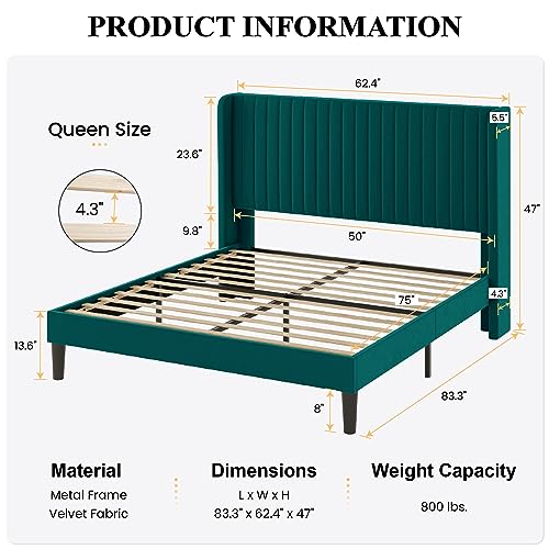 SHA CERLIN Queen Size Velvet Bed Frame, Tufted Wingback Headboard, Teal | 47'' Modern Vertical Channel Headboard, Upholstered Platform Bed, Wood Slats, No Box Spring Needed, Easy Assembly, Noise Free - color: Teal, size: Queen