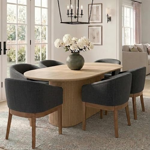 HNY Barrel Dining Chairs Set of 6, Mid Century Modern Upholstered Dining Chairs with Arms, Linen Kitchen & Dining Room Chairs, Solid Wood Frame Accent Chairs for Kitchen, Apartment, Charcoal Black - color: Charcoal,natural Lges, size: 6 Chairs