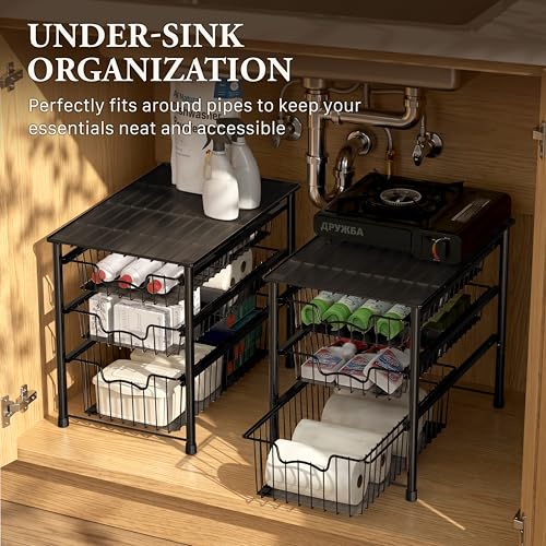 Simple Houseware Stackable 3 Tier Sliding Basket Organizer Drawer, Black - color: Black, size: 3-tier