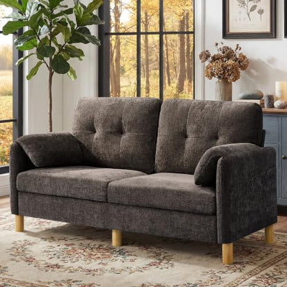 Mid Century Modern Couch, 65" Loveseat Sofa, Brown | Storage Pockets, Upholstered Small Loveseat for Small Spaces, Bedroom, Home Office, Apartments - color: Brown