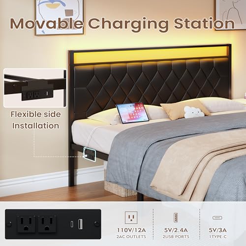 King Size Bed Frame with Charging Station, LED Light and PU Leather Upholstered Headboard, Platform Bed Frame with Under-Bed Storage, Easy Assembly, Noise Free, No Box Spring Needed, Black - size: King (U.S. Standard)