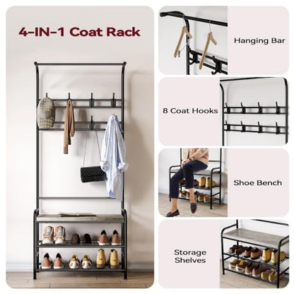 4-in-1 Hall Tree with Shoe Storage Bench, Entryway Coat Rack with 8 Hooks, Hanging Bar & Storage Shelves, Narrow Mudroom Organizer Bench for Entryway, Hallway, Living Room, Coat Rack Bench, Gray