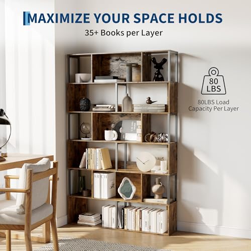 IDEALHOUSE 6-Tier Bookshelf, Tall Geometric Bookcase, Modern Room Divider & Display Shelf with Anti-Tipping Devices, Mid Century Bookshelf for Living Room - color: Brown