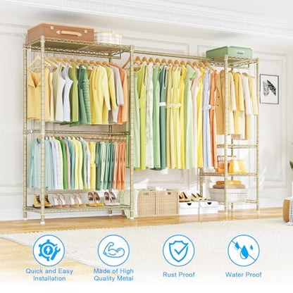 E10 Clothes Rack（With Stretchable Hanger Rod）Freestanding Clothing Racks for Hanging Clothes，Adjustable Closet Organizer System，Portable Garment Rack 73-97"W x 15" D x 72" H，Max Load 800LBS，Gold - color: Gold