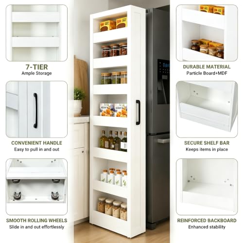 Tall Narrow Storage Cabinet, 71 Inch Tall, 8 Inch Wide, White | 7-Shelf Slim Pull-Out Organizer with Wheels for Small Spaces, Kitchen, Bathroom, Laundry Room and Narrow Gaps - color: D-white
