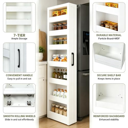 Tall Narrow Storage Cabinet, 71 Inch Tall, 8 Inch Wide, White | 7-Shelf Slim Pull-Out Organizer with Wheels for Small Spaces, Kitchen, Bathroom, Laundry Room and Narrow Gaps - color: D-white