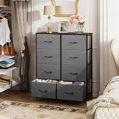 WLIVE Fabric Dresser for Bedroom, Tall Dresser with 8 Drawers, Storage Tower with Fabric Bins, Double Dressers, Chest of Drawers for Closet, Living Room, Hallway, Dark Gray | 8-drawer tall storage tower with fabric bins and wood tabletop, breathable non-w