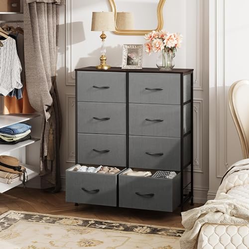 WLIVE Fabric Dresser for Bedroom, Tall Dresser with 8 Drawers, Storage Tower with Fabric Bins, Double Dressers, Chest of Drawers for Closet, Living Room, Hallway, Dark Gray | 8-drawer tall storage tower with fabric bins and wood tabletop, breathable non-w