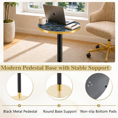 TesNus 23.6" Small Round Dining Table for 2, Circle Tulip Table, Faux Marble Top with Gold Metal Pedestal Base, Modern Leisure Coffee Table for Small Spaces, Cafe, Office, Blue&Gold - color: Blue Top&black Leg&gold Base