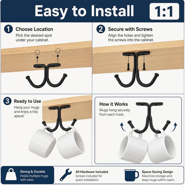 haowei 10 Pcs Black Under Shelf Hooks - Space Saving Metal Under Cabinet Banana Hook and Mug Hooks for Kitchen, Bathroom and Home Organization (Black)