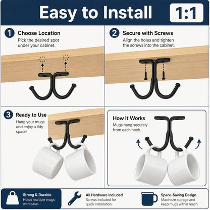 haowei 10 Pcs Black Under Shelf Hooks - Space Saving Metal Under Cabinet Banana Hook and Mug Hooks for Kitchen, Bathroom and Home Organization (Black)