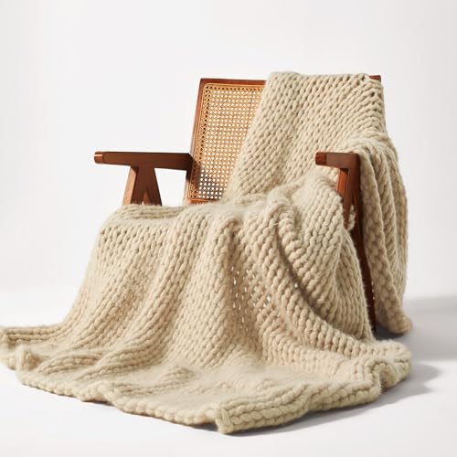 SLEEP ZONE Throw Blanket for Couch - Chunky Knit Hollow Blanket, Throw Blankets for Bed, Handmade Long Plush Cat Yarn, Soft Fluffy Knit Blankets Home Decor (Beige, 60x80in) - color: Beige, size: 60*80