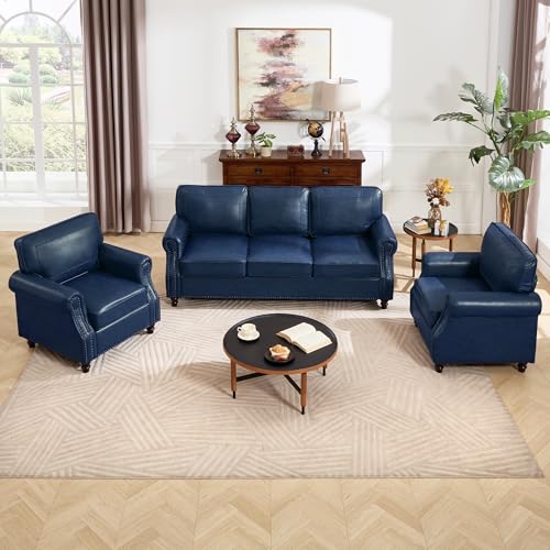 3 Seater Sofa, Mid-Century Modern Faux Leather Couch Set for Living Room, Blue with Rolled Arms & Nailhead Trim, Easy Assembly - color: Blue, size: PU Standard + 2 Chair- New Type