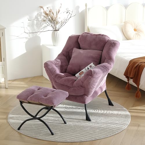 Lazy Chair with Ottoman, Plush Reading Chair with Pillow，Purple | Removable machine-washable cover; includes an extra throw pillow; cozy accent chair for living room, bedroom, dorm or office - color: Plush Purple-1