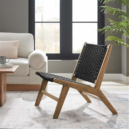 Modway Saoirse Woven Rope Wood Accent Lounge Chair in Walnut Black - color: Walnut Black