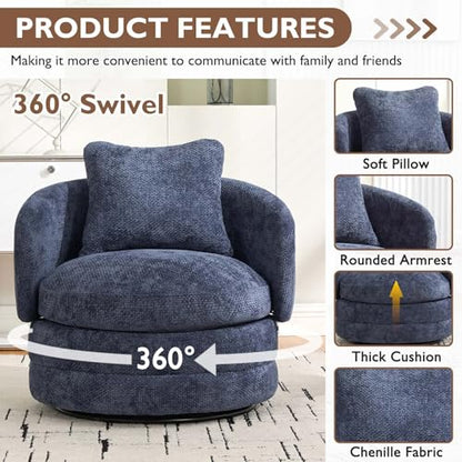 Round Swivel Barrel Chair with Comfy Pillow, Beige Small Accent Chair with Curved Backrest, Modern Upholstered Armchair & Chenille Barrel Accent Chairs for Living Room Bedroom Office (Blue) - color: Blue