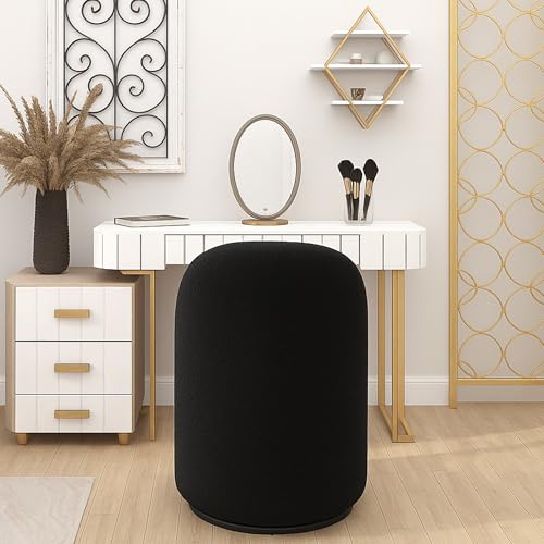 HNY Upholstered Kitchen & Dining Room Barrel Chair, Mid Century Modern Round Sherpa Boucle Dining Chair, 360 Degree Swivel Comfy Armless Accent Makeup Vanity Side Chair for Bedroom Living Room, Black - color: Black