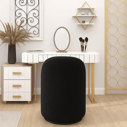 HNY Upholstered Kitchen & Dining Room Barrel Chair, Mid Century Modern Round Sherpa Boucle Dining Chair, 360 Degree Swivel Comfy Armless Accent Makeup Vanity Side Chair for Bedroom Living Room, Black - color: Black