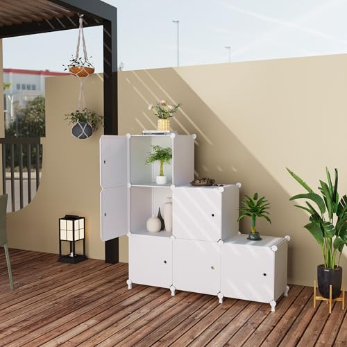 6Cube Storage Organizer Modular Stackable with Doors White | Sturdy plastic 6-cube cabinet with doors, 30x30x30cm per cube, tool-free snap assembly, ideal for bedroom, stairs, closet. - color: White